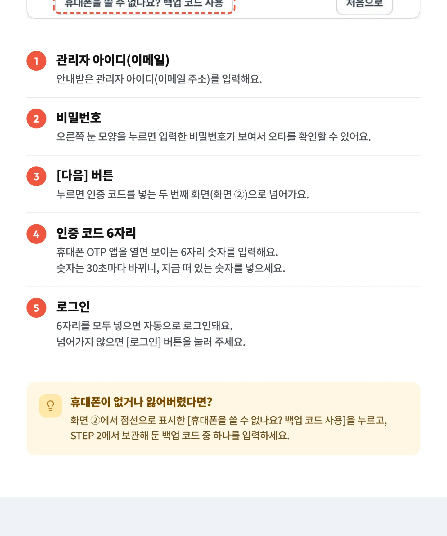 처음 로그인 화면 순서와 비밀번호를 잊었을 때 안내 / STEP 2 OTP 설정하기(처음 한 번만)